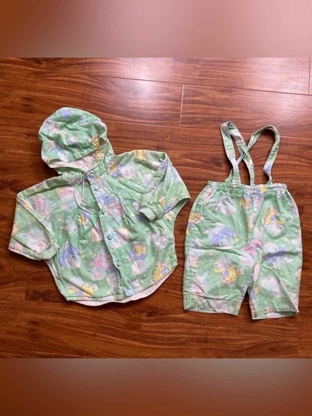 Vintage Toddler Crimini Soft Mint Green Animal Overall Shorts + Jacket Size 3T